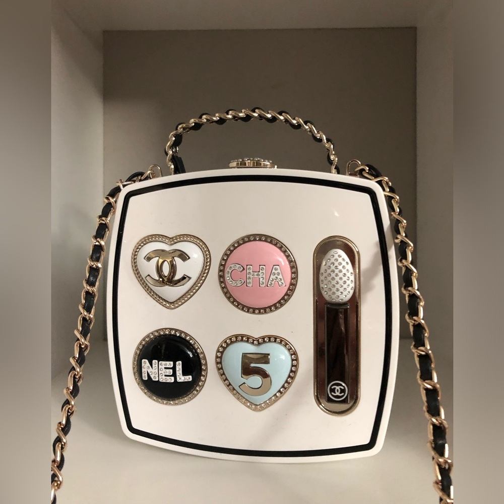 White Crossbody Hard Shell Bag with Pink, Black and Gold Accents; NWOT